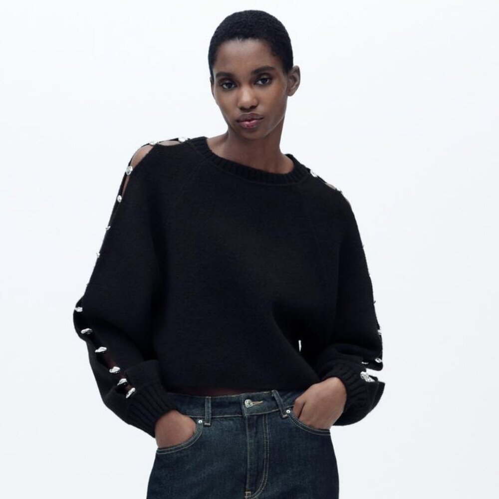 Zara Black Crewneck Sweater with Silver Button Detailing